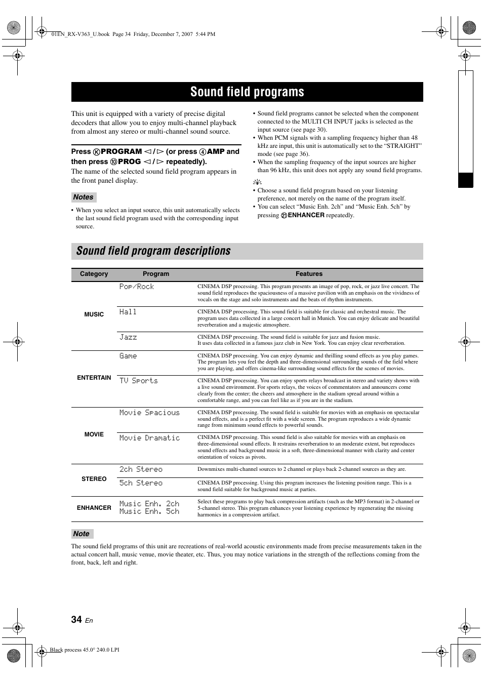 Sound field programs, Sound field program descriptions | Yamaha RX-V363 User Manual | Page 38 / 76