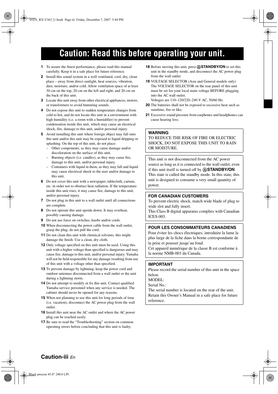 Caution: read this before operating your unit, Caution-iii | Yamaha RX-V363 User Manual | Page 4 / 76