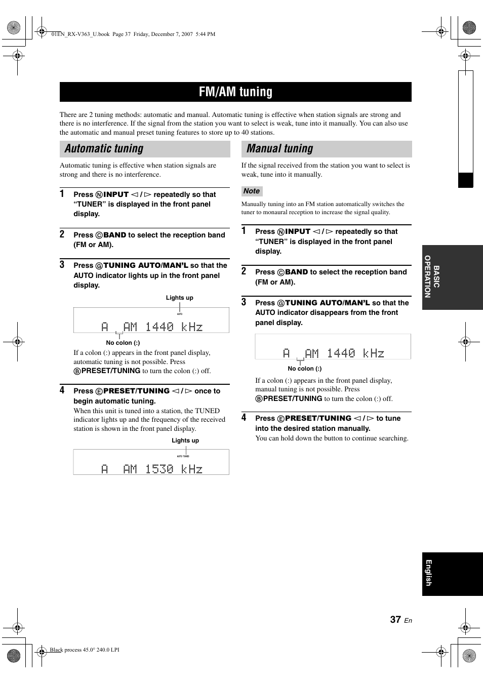 Fm/am tuning, Automatic tuning, Aam 1440 khz | Aam 1530 khz, Manual tuning | Yamaha RX-V363 User Manual | Page 41 / 76