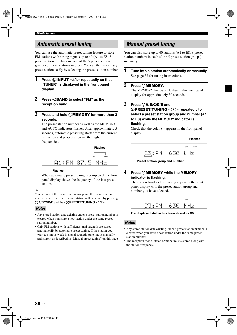 A1:fm 87.5 mhz, Automatic preset tuning, Manual preset tuning | C3 am 630 khz | Yamaha RX-V363 User Manual | Page 42 / 76