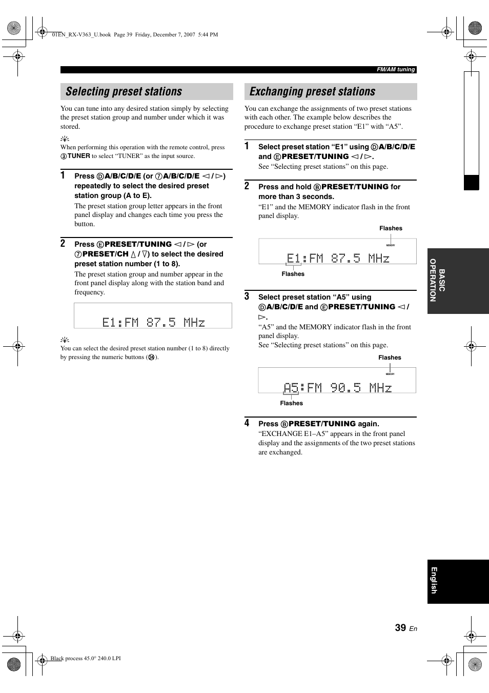 A5 fm 90.5 mhz, E1 fm 87.5 mhz | Yamaha RX-V363 User Manual | Page 43 / 76