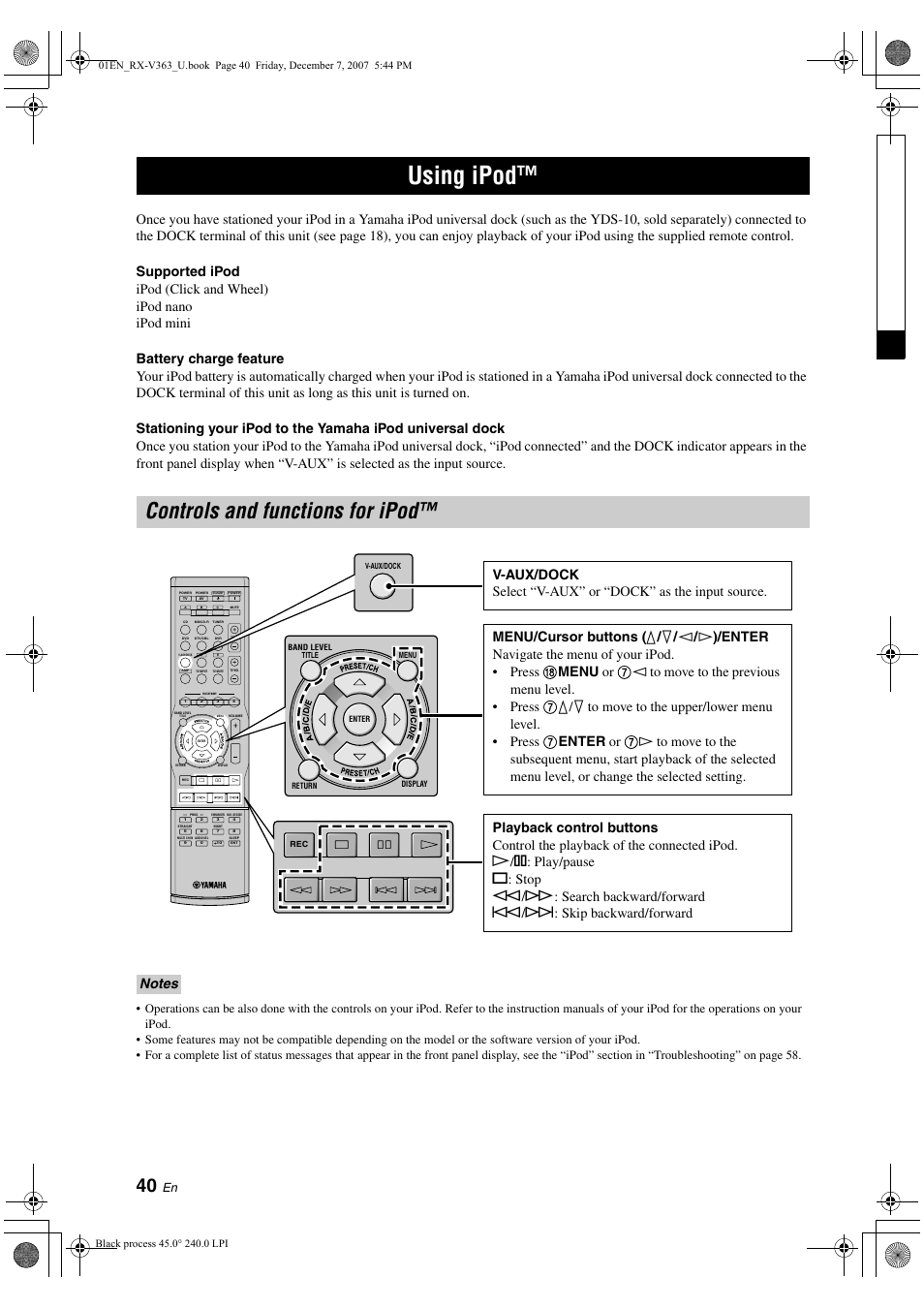 Controls and functions for ipod, Using ipod | Yamaha RX-V363 User Manual | Page 44 / 76