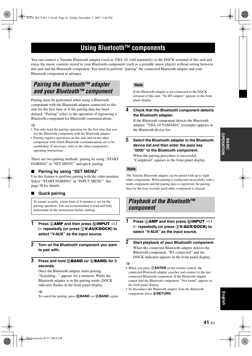 Using bluetooth™ components, Playback of the bluetooth™ component | Yamaha RX-V363 User Manual | Page 45 / 76