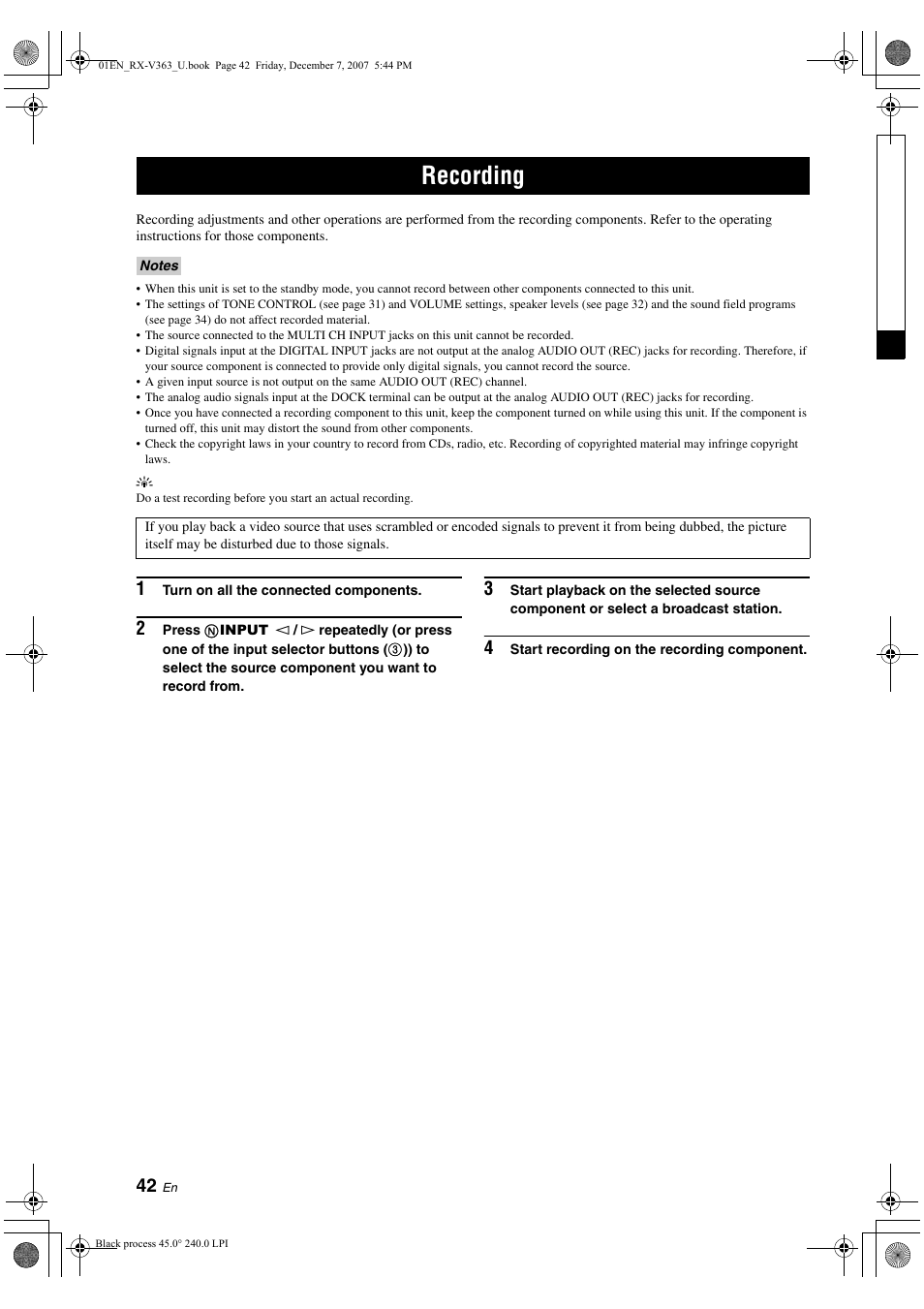 Recording | Yamaha RX-V363 User Manual | Page 46 / 76