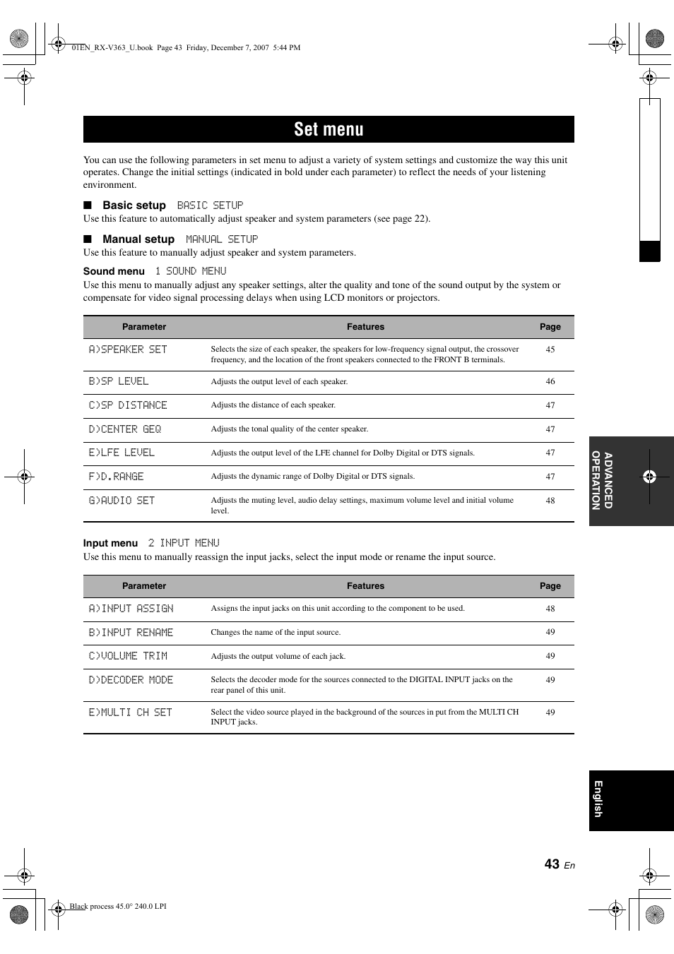 Set menu | Yamaha RX-V363 User Manual | Page 47 / 76