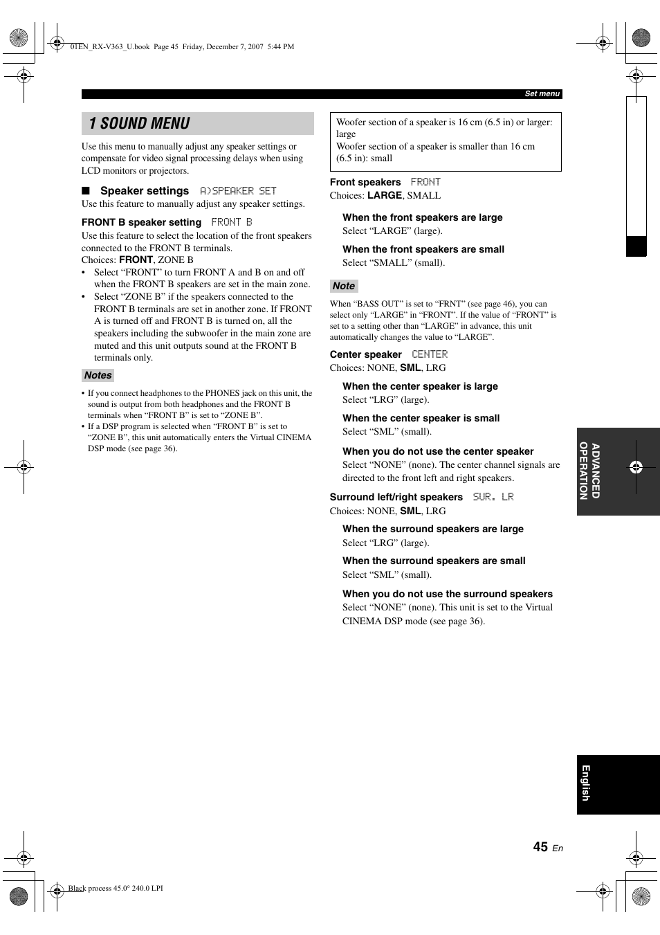 1 sound menu | Yamaha RX-V363 User Manual | Page 49 / 76