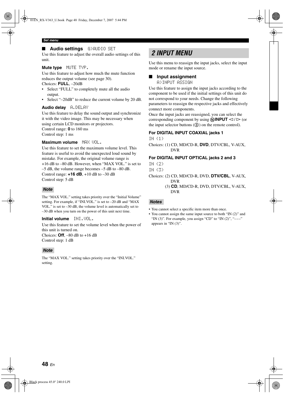 2 input menu | Yamaha RX-V363 User Manual | Page 52 / 76