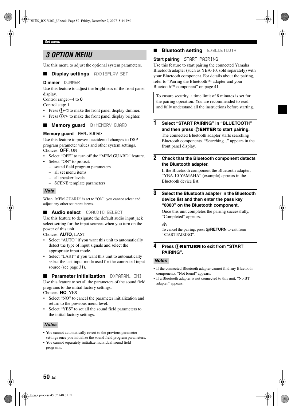 3 option menu | Yamaha RX-V363 User Manual | Page 54 / 76