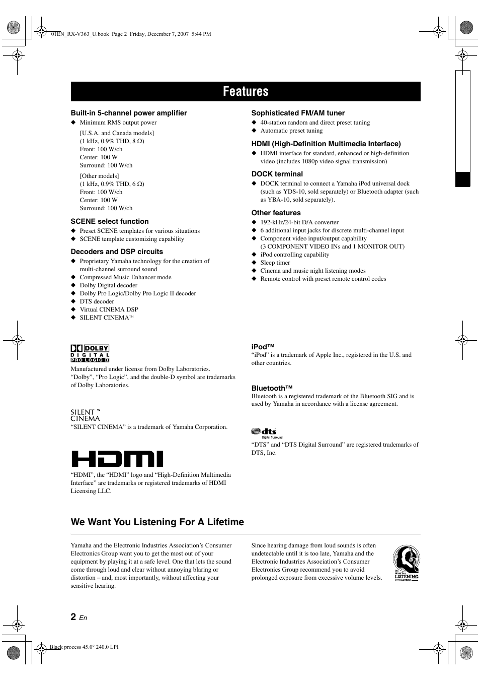 Features, We want you listening for a lifetime | Yamaha RX-V363 User Manual | Page 6 / 76