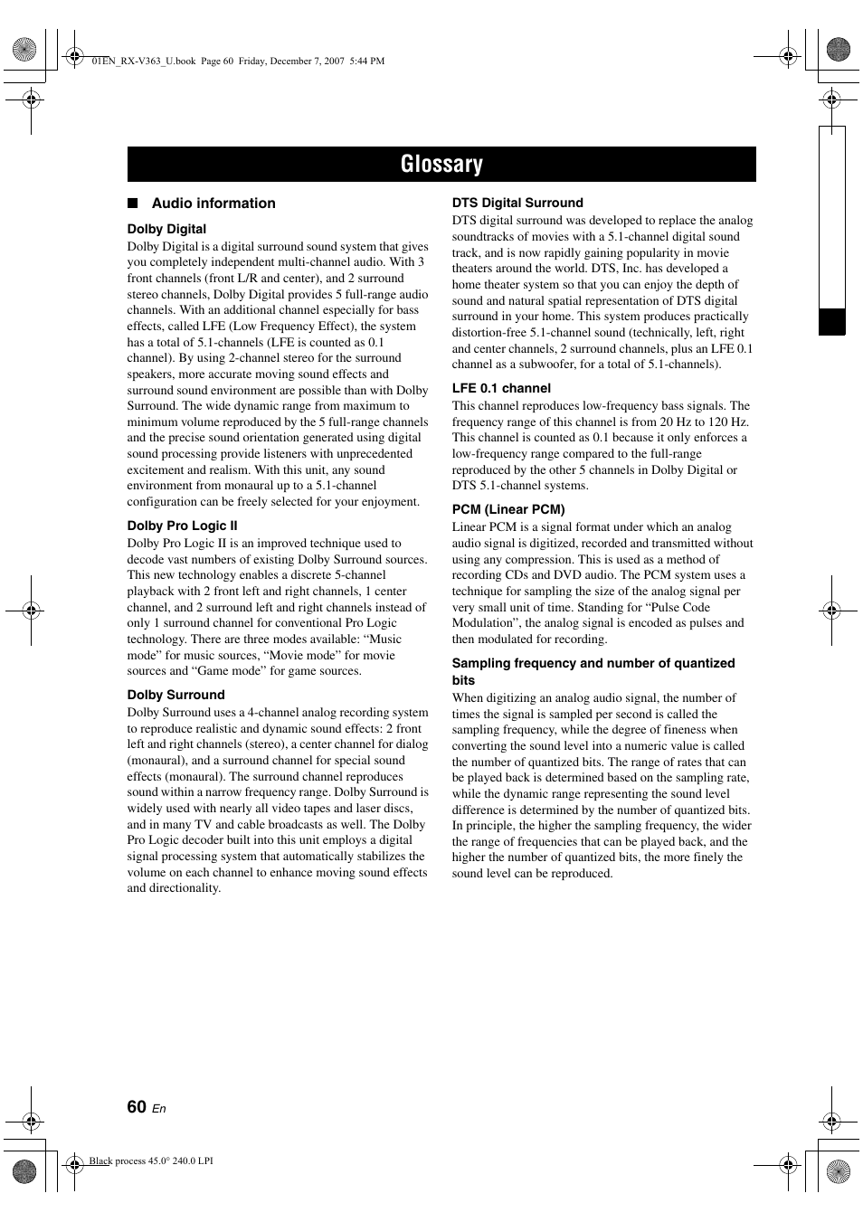 Glossary | Yamaha RX-V363 User Manual | Page 64 / 76