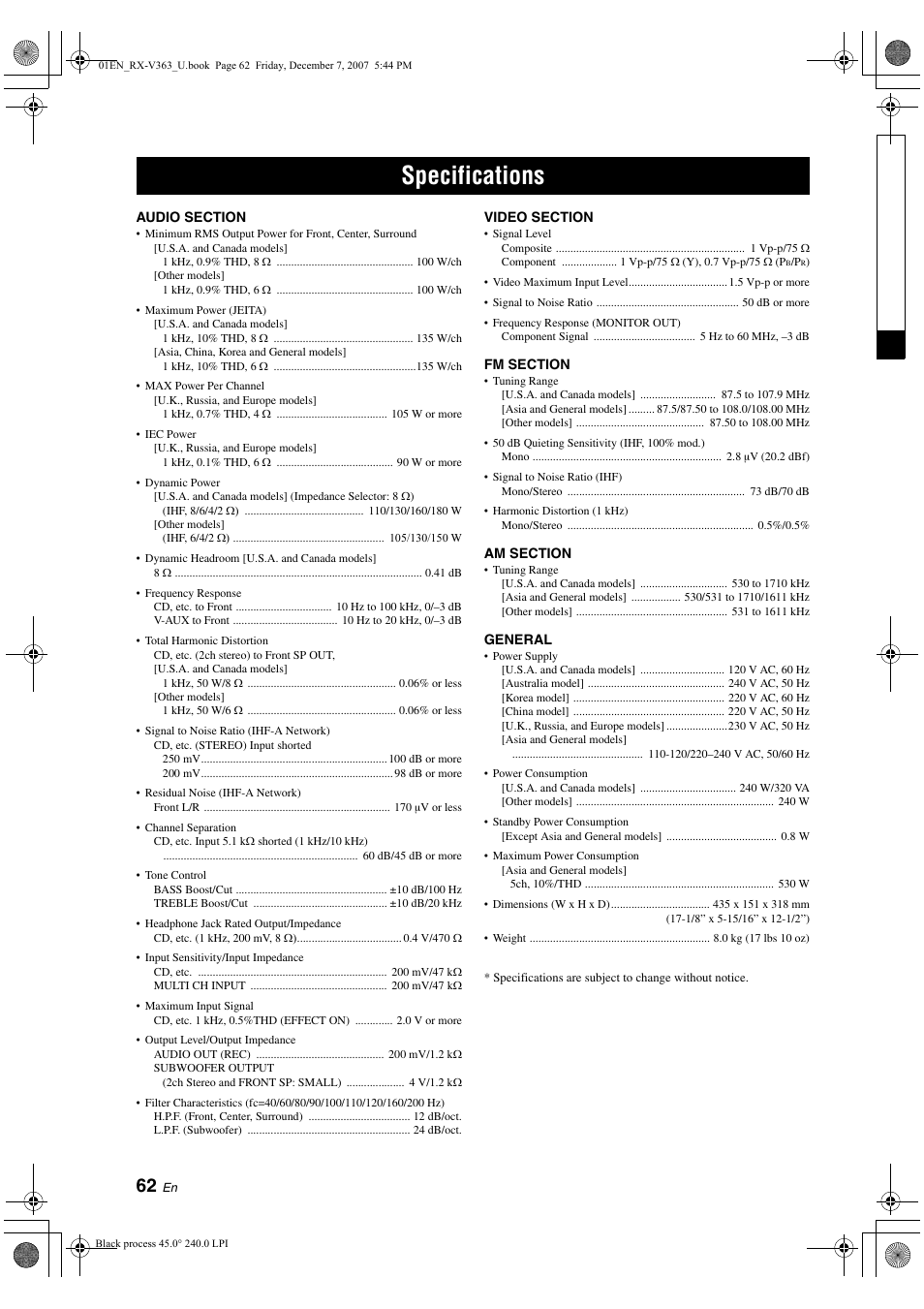 Specifications | Yamaha RX-V363 User Manual | Page 66 / 76