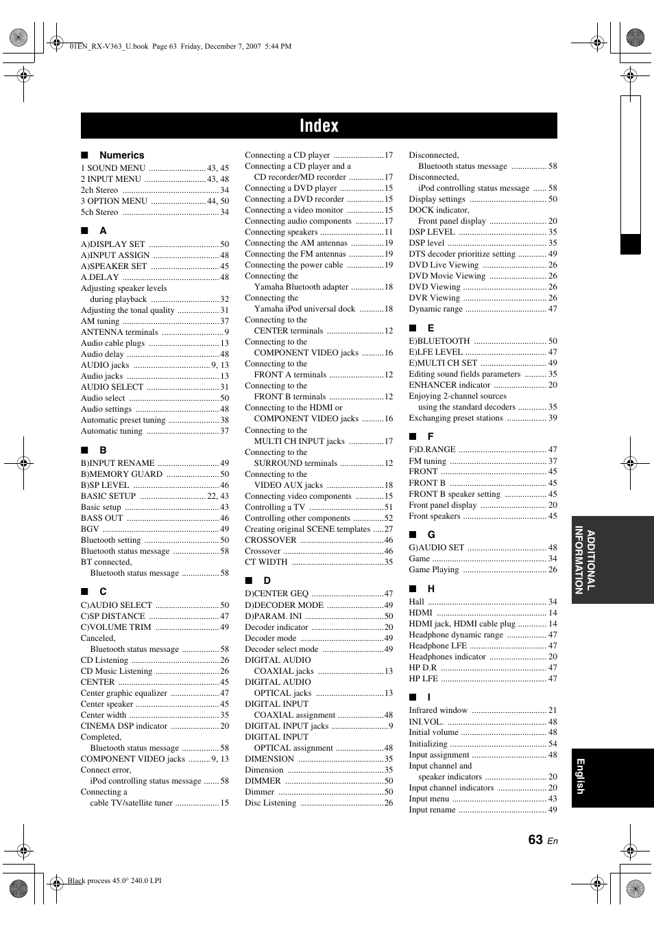 Index | Yamaha RX-V363 User Manual | Page 67 / 76