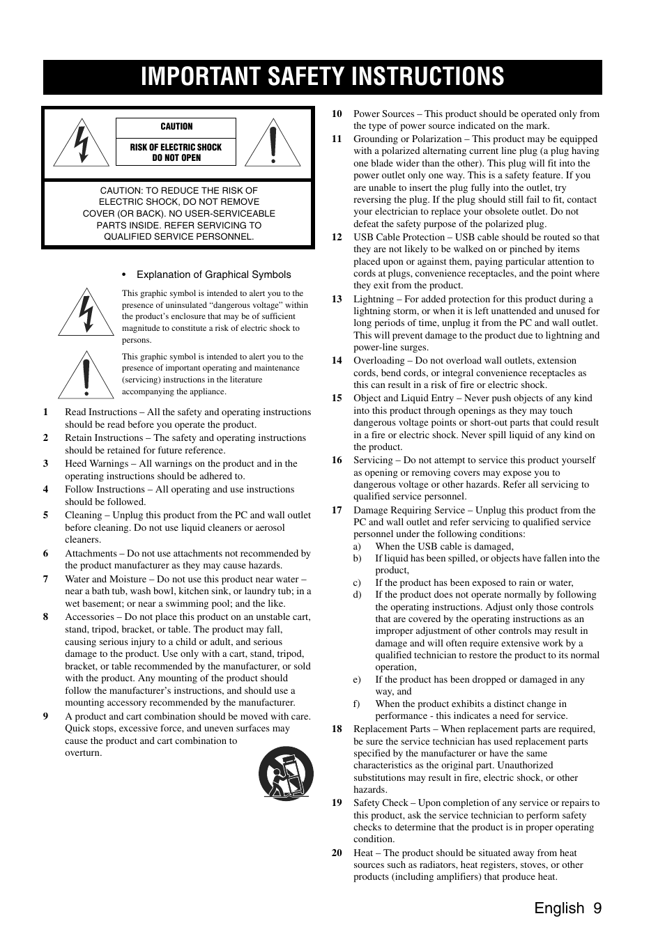 English, Important safety instructions, English 9 | Yamaha PJP-25UR User Manual | Page 11 / 52