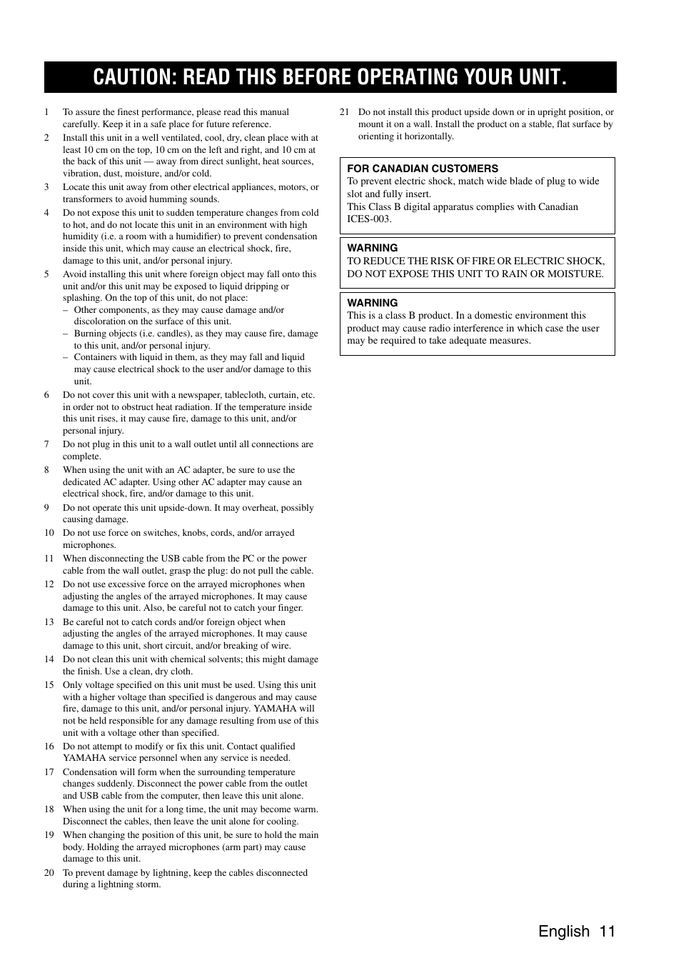 Caution: read this before operating your unit, English 11 | Yamaha PJP-25UR User Manual | Page 13 / 52