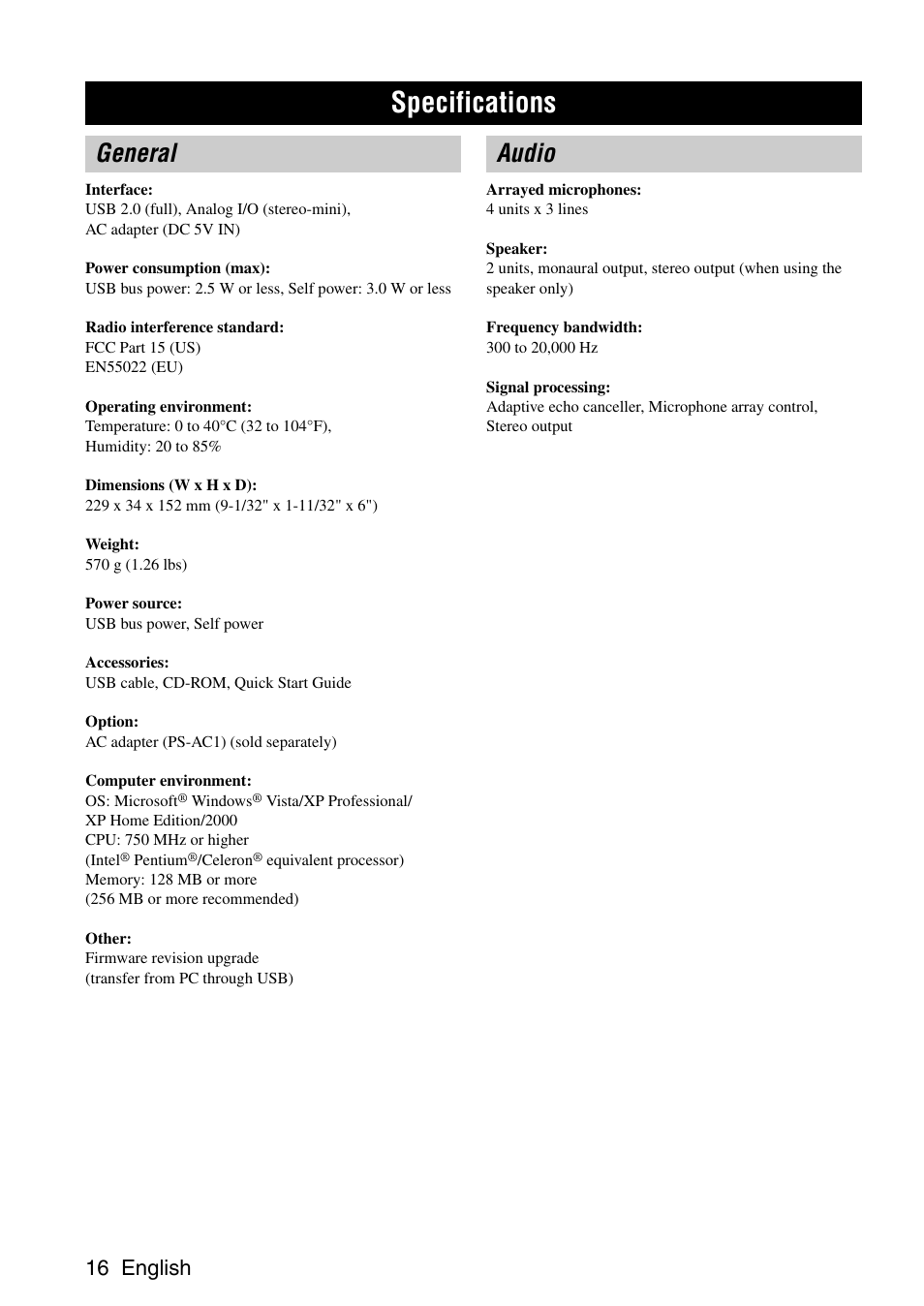 Specifications, General, Audio | General audio, 16 english | Yamaha PJP-25UR User Manual | Page 18 / 52