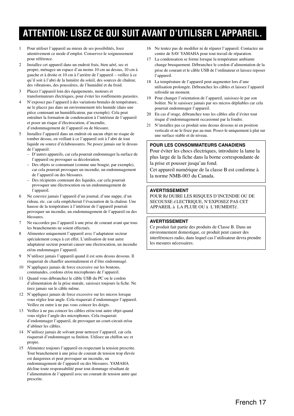 French (français), French 17 | Yamaha PJP-25UR User Manual | Page 19 / 52