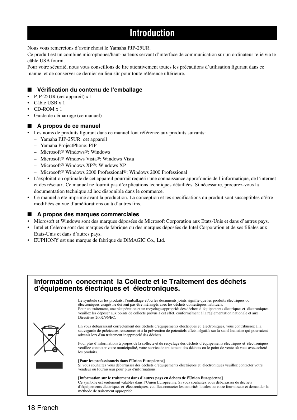 Introduction, 18 french | Yamaha PJP-25UR User Manual | Page 20 / 52