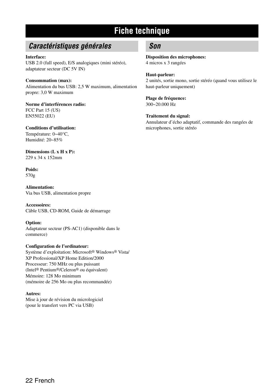 Fiche technique, Caractéristiques générales, Caractéristiques générales son | 22 french | Yamaha PJP-25UR User Manual | Page 24 / 52