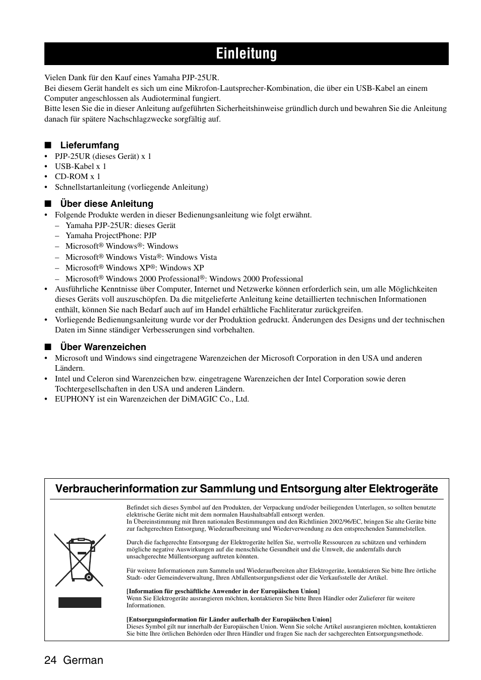 Einleitung, 24 german | Yamaha PJP-25UR User Manual | Page 26 / 52