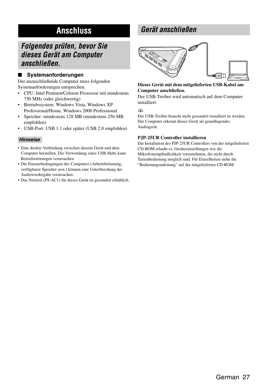 Anschluss, Gerät anschließen, German 27 | Yamaha PJP-25UR User Manual | Page 29 / 52