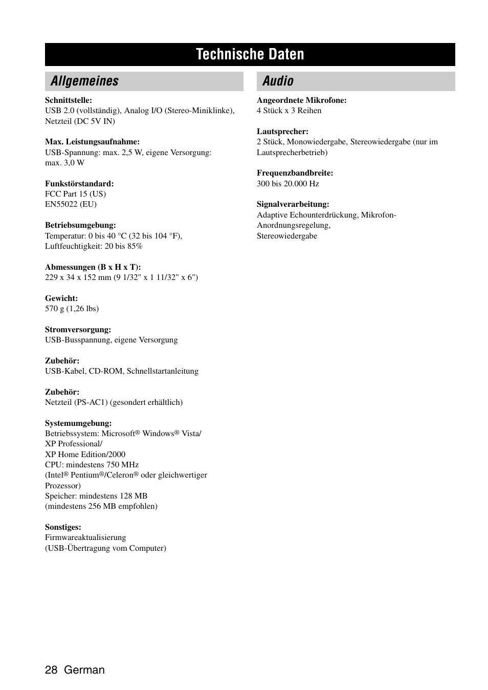 Technische daten, Allgemeines, Audio | Allgemeines audio, 28 german | Yamaha PJP-25UR User Manual | Page 30 / 52