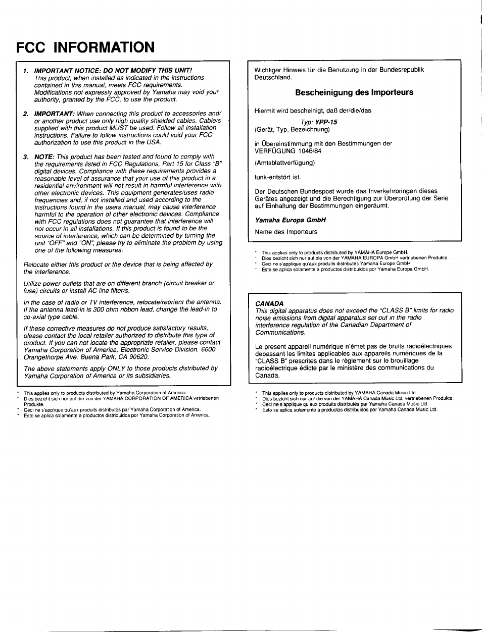 Fcc information, Bescheinigung des importeurs | Yamaha Personal Electronic Piano YPP-15 User Manual | Page 2 / 20