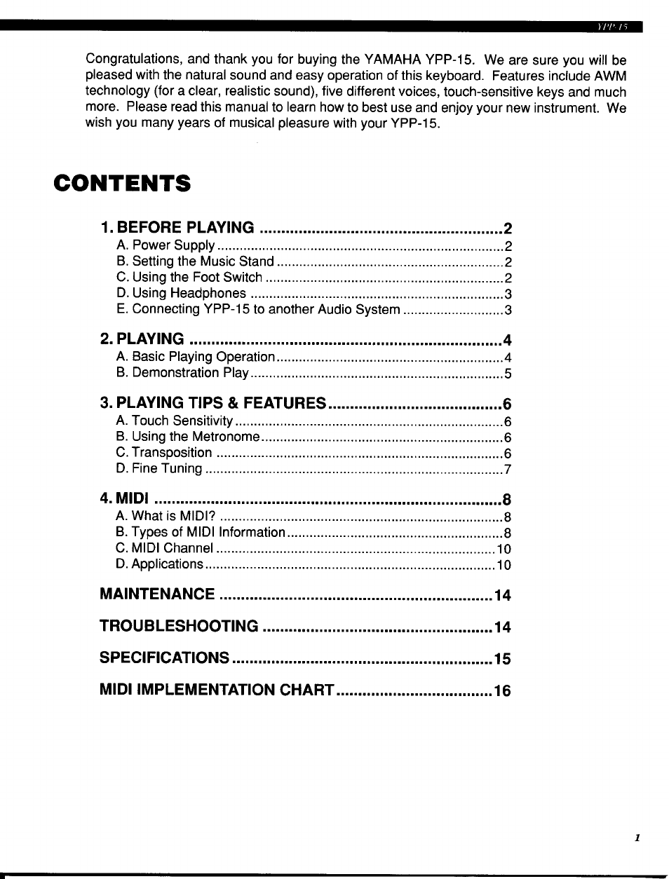 Yamaha Personal Electronic Piano YPP-15 User Manual | Page 3 / 20