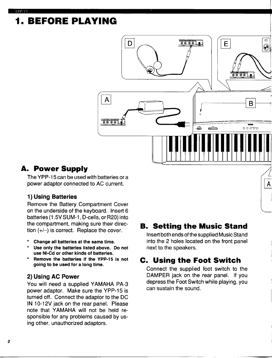 1) using batteries, 2) using ac power, Before playing | A. power supply, B. setting the music stand, C. using the foot switch | Yamaha Personal Electronic Piano YPP-15 User Manual | Page 4 / 20