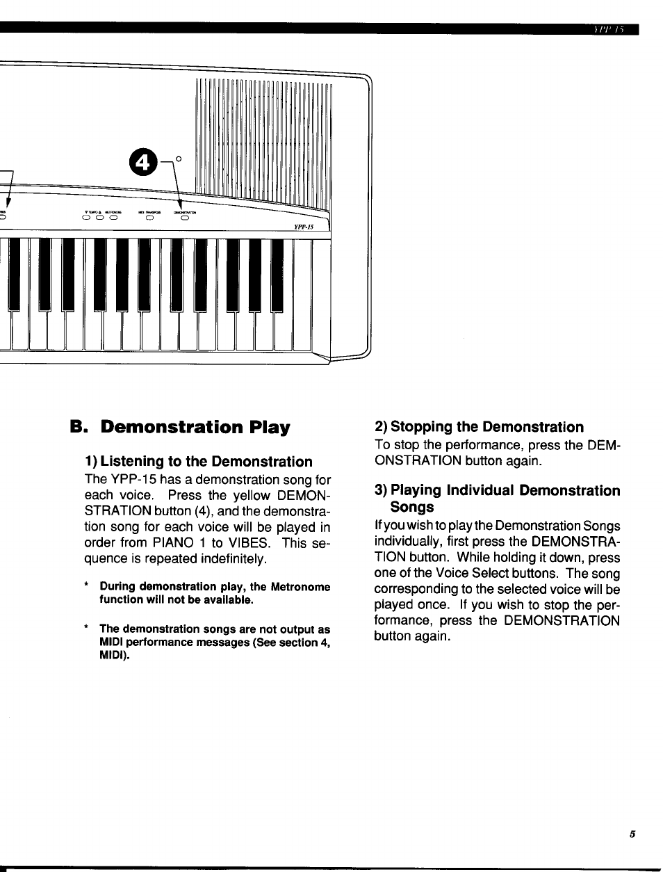 1) listening to the demonstration, 2) stopping the demonstration, 3) playing individual demonstration songs | B. demonstration play | Yamaha Personal Electronic Piano YPP-15 User Manual | Page 7 / 20