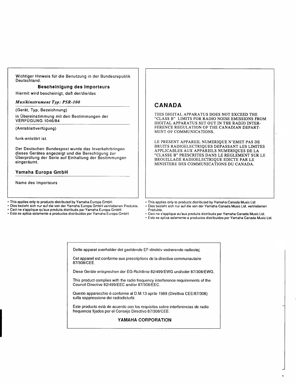 Bescheinigung des importeurs, Yamaha europa gmbh, Canada | Yamaha corporation | Yamaha Portatone PSR-100 User Manual | Page 10 / 12