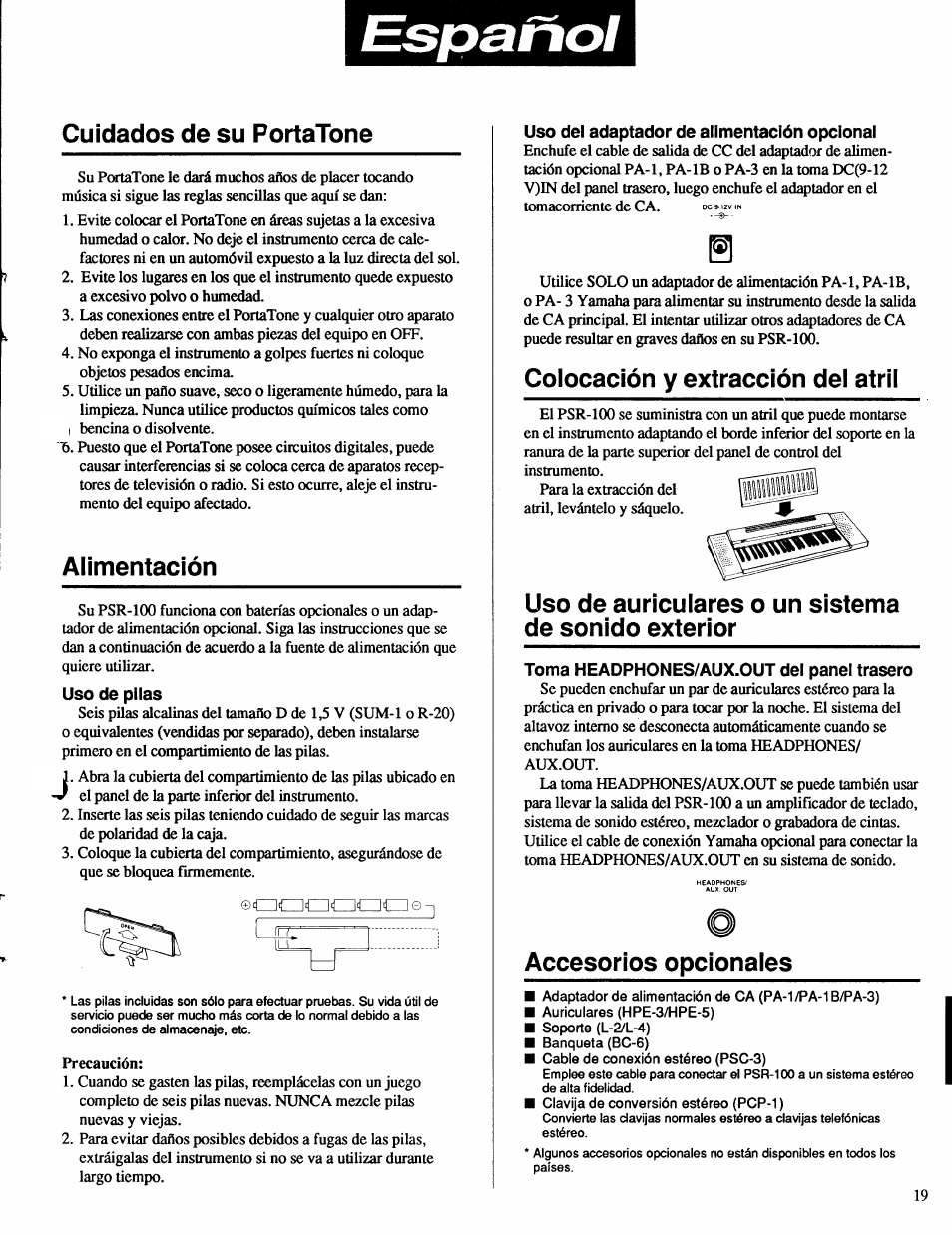 Cuidados de su portatone, Alimentación, Uso de pilas | Uso del adaptador de alimentación opcional, Colocación y extracción del atril, Uso de auriculares o un sistema de sonido exterior, Toma headphones/aux.out del panel trasero, Accesorios opcionales, Uso de pilas uso del adaptador de alimentación, Opcional | Yamaha Portatone PSR-100 User Manual | Page 3 / 12