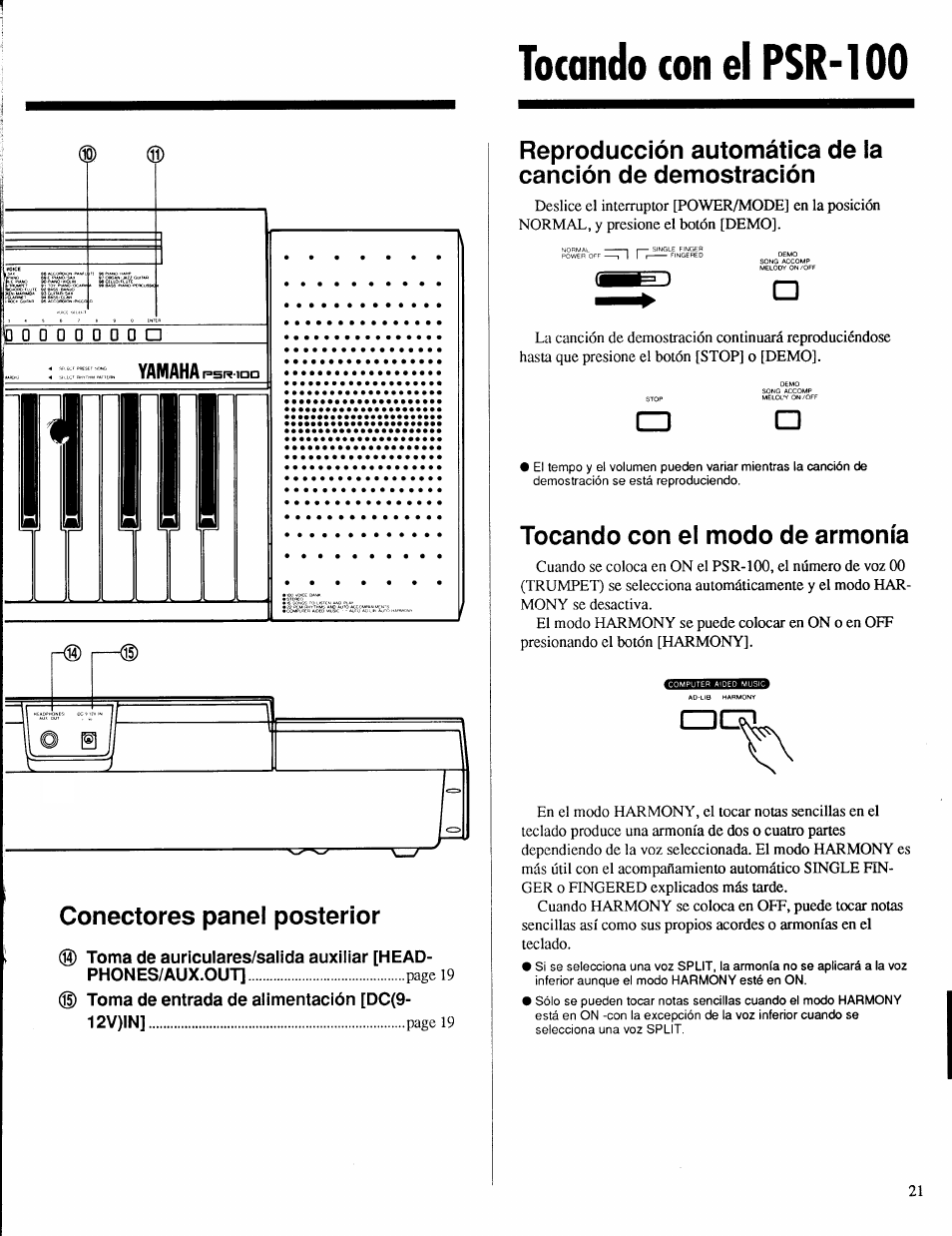 Tocando con el psr-100, Conectores panel posterior, Tocando con el modo de armonía | Conectores del panel posterior, Tocando con el psr-100 i | Yamaha Portatone PSR-100 User Manual | Page 5 / 12