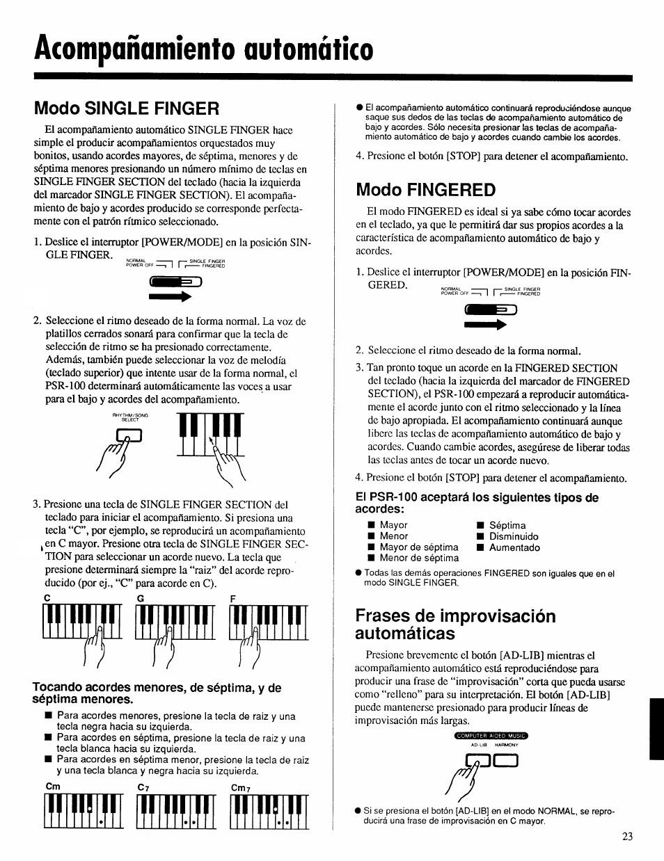 Acompañamiento automático, Modo single finger, Modo fingered | Frases de improvisación automáticas, Modo single finger modo fingered | Yamaha Portatone PSR-100 User Manual | Page 7 / 12