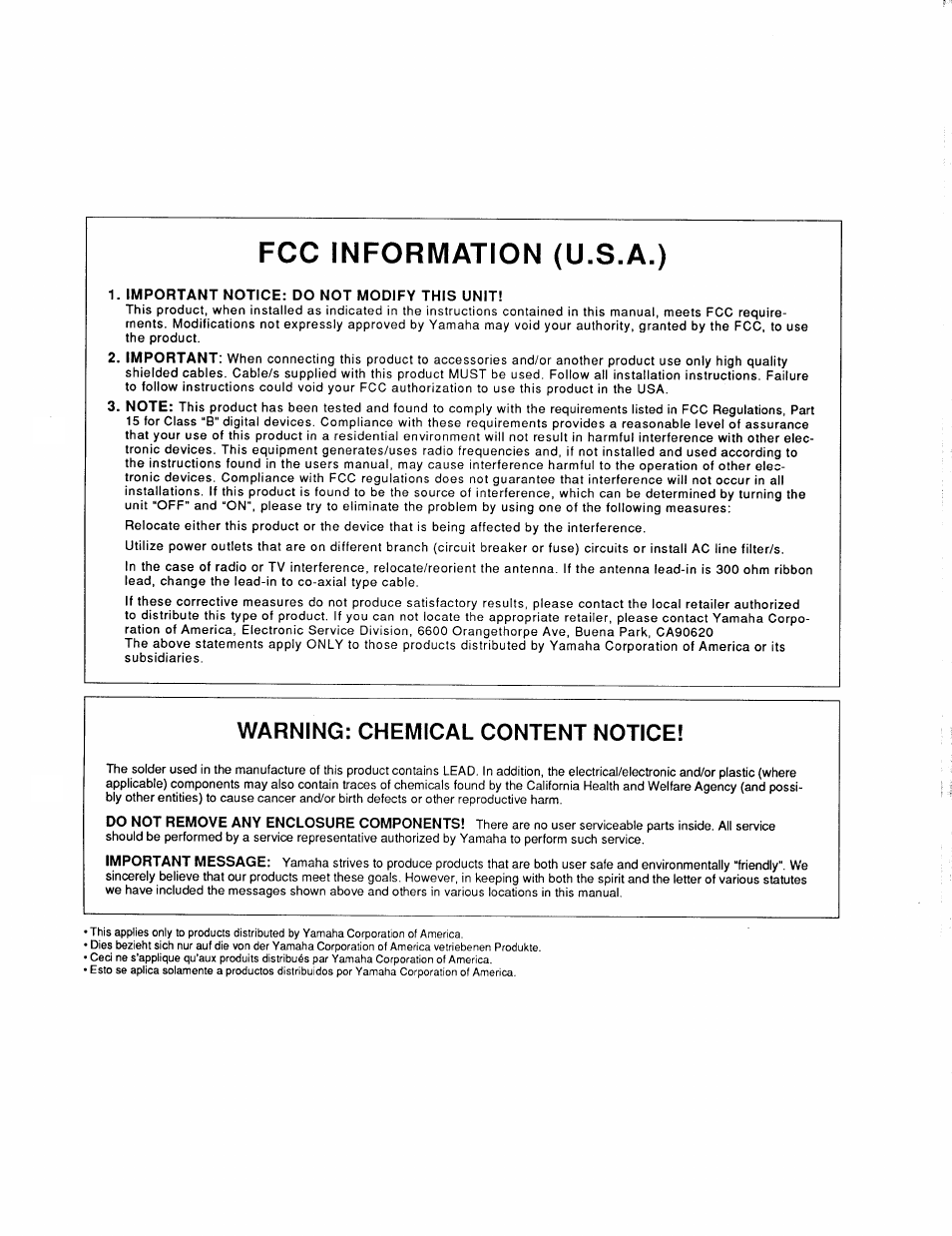 Fcc information (u.s.a.), Important notice: do not modify this unit, Warning: chemical content notice | Yamaha Portatone PSR-100 User Manual | Page 9 / 12