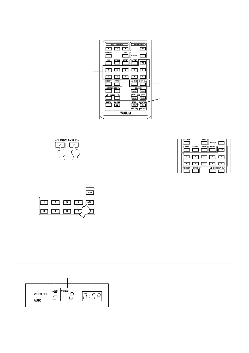 Selecting a track (by using the numeric buttons), Display information, Stop/ return | Select a desired track number, Shows the tray number of the selected disc, Shows the selected track number | Yamaha VCD-102K User Manual | Page 10 / 23