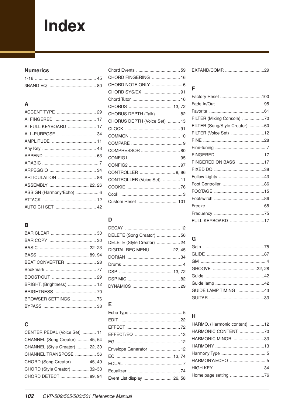 Index | Yamaha CLAVINOVA CVP-509 User Manual | Page 102 / 104