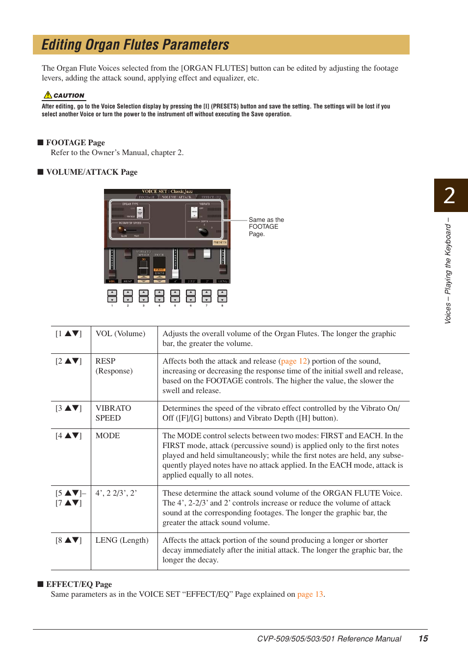 Editing organ flutes parameters, Oices, see | Yamaha CLAVINOVA CVP-509 User Manual | Page 15 / 104