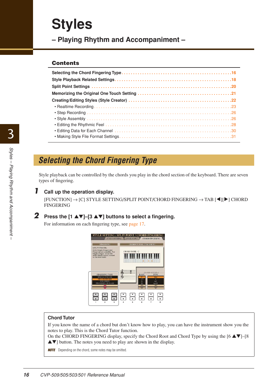 Styles - playing rhythm and accompaniment, Selecting the chord fingering type, Styles | Playing rhythm and accompaniment | Yamaha CLAVINOVA CVP-509 User Manual | Page 16 / 104