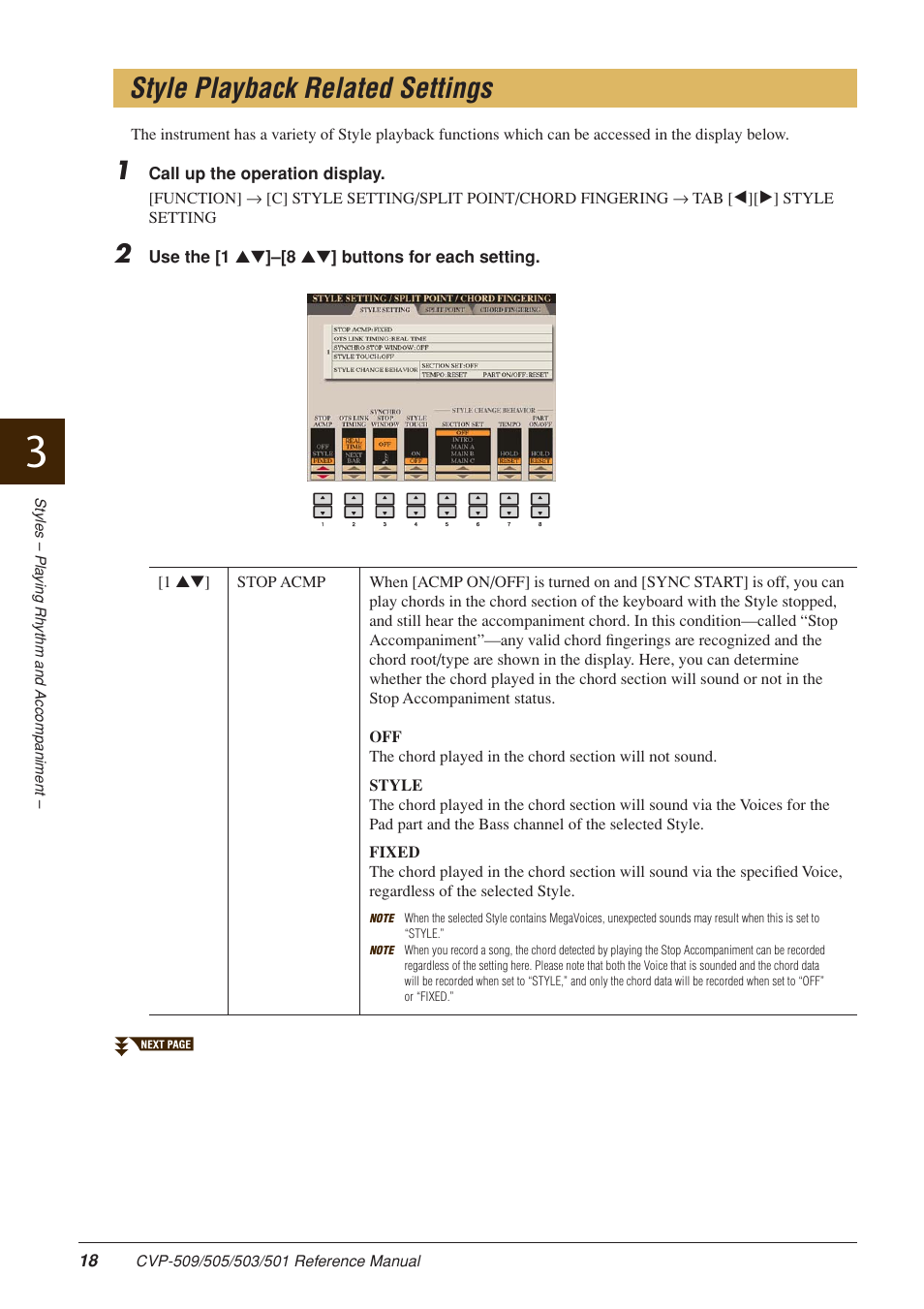 Style playback related settings | Yamaha CLAVINOVA CVP-509 User Manual | Page 18 / 104