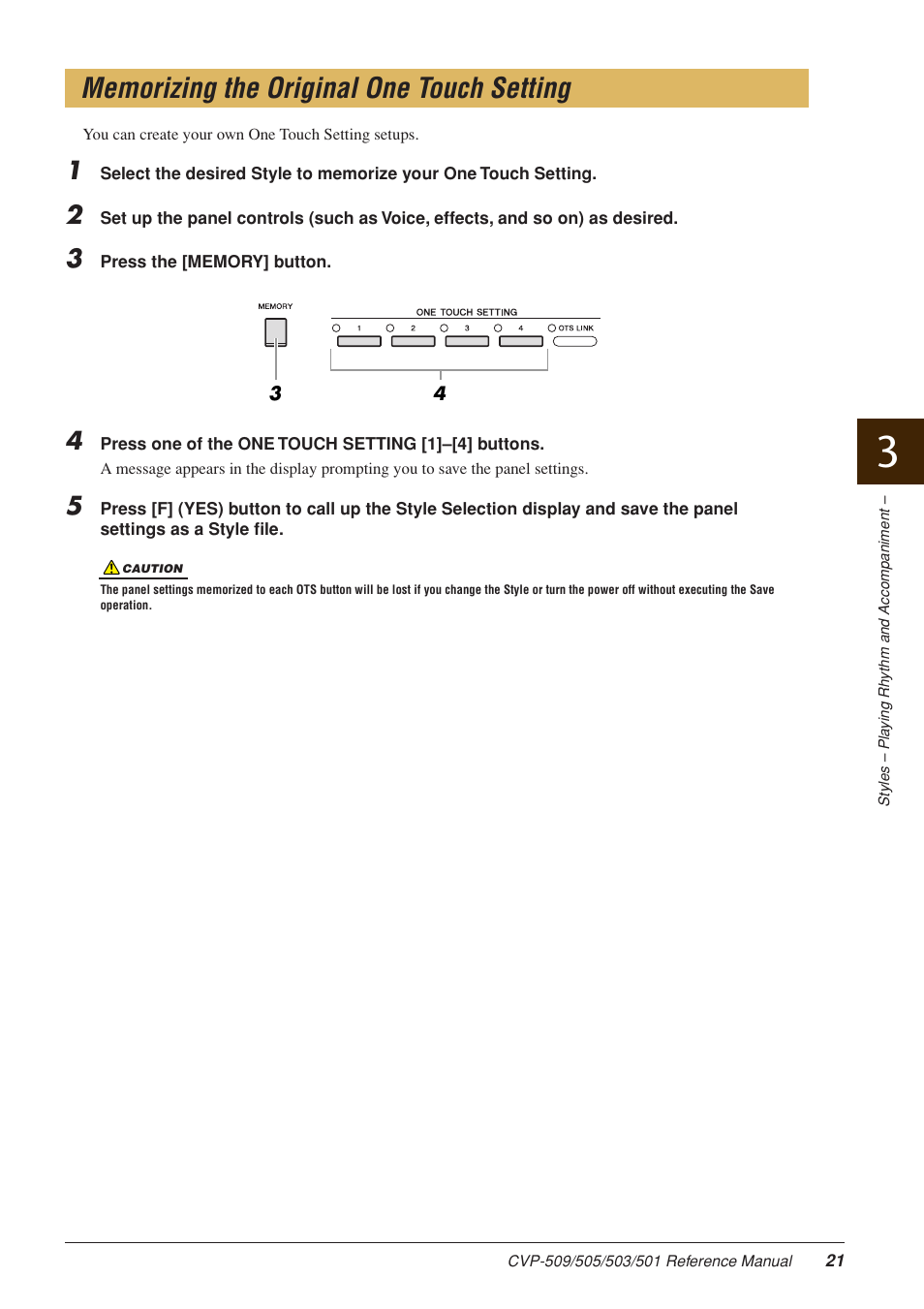Memorizing the original one touch setting | Yamaha CLAVINOVA CVP-509 User Manual | Page 21 / 104