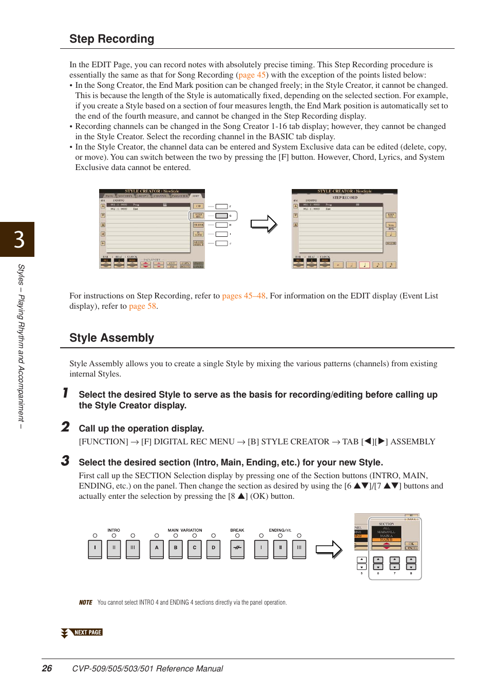 Step recording, Style assembly | Yamaha CLAVINOVA CVP-509 User Manual | Page 26 / 104