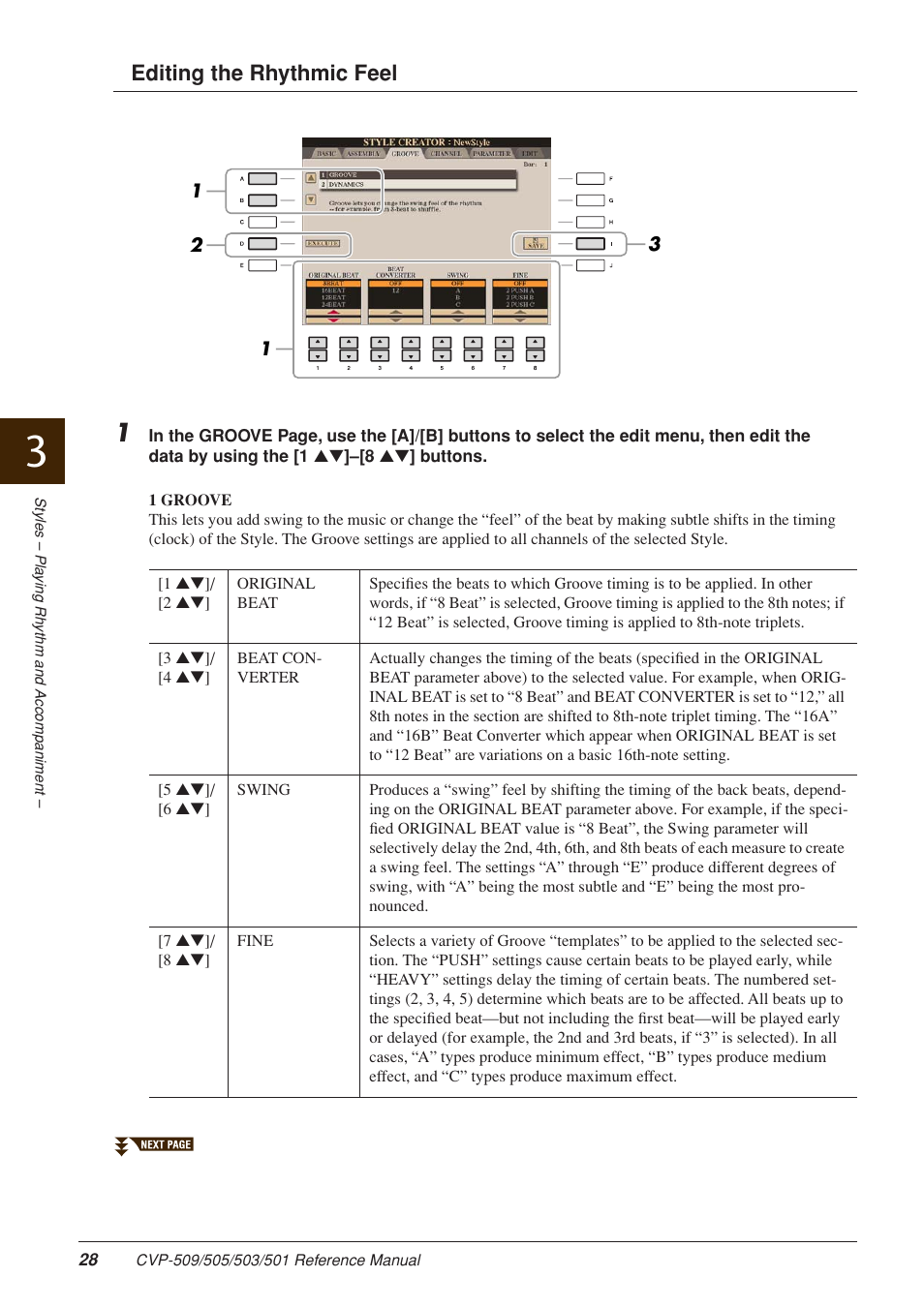 Editing the rhythmic feel | Yamaha CLAVINOVA CVP-509 User Manual | Page 28 / 104