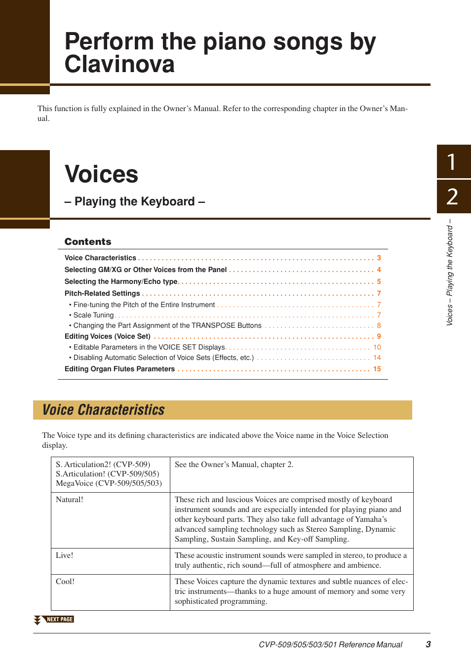 Perform the piano songs by clavinova, Voices - playing the keyboard, Voice characteristics | Voices, Playing the keyboard | Yamaha CLAVINOVA CVP-509 User Manual | Page 3 / 104