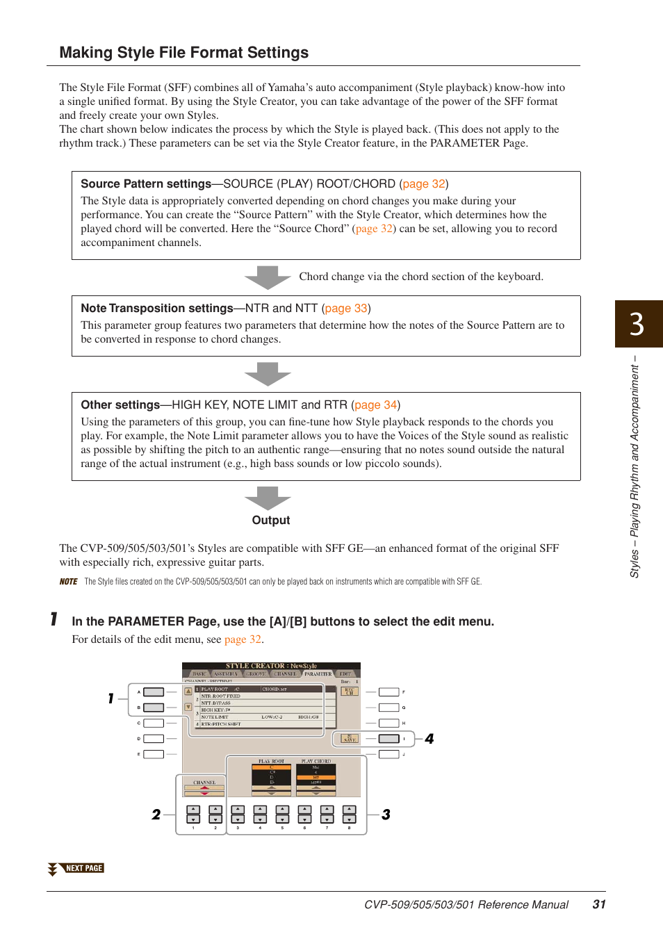 Making style file format settings, Arameter display on | Yamaha CLAVINOVA CVP-509 User Manual | Page 31 / 104