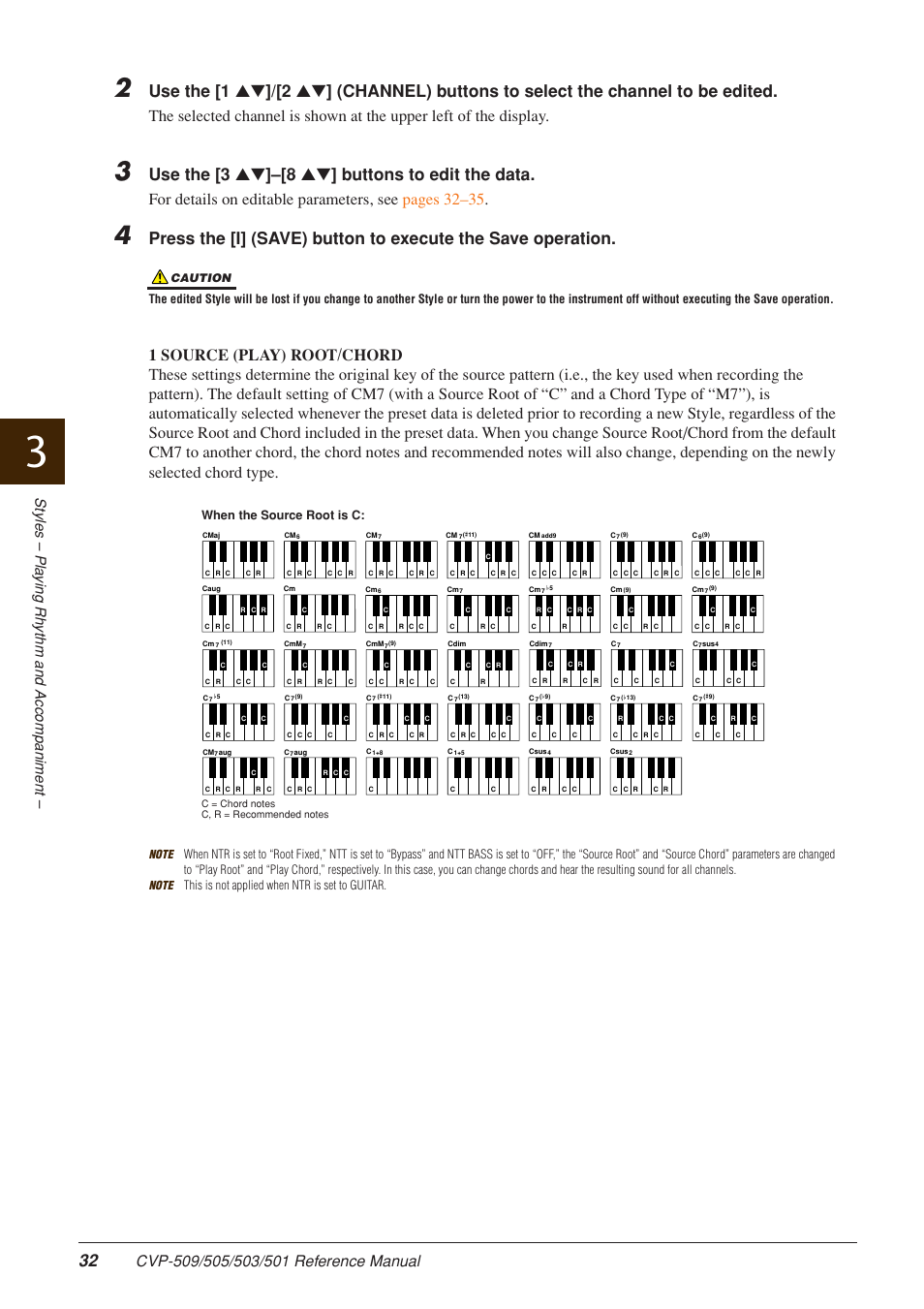 Erted. here the “source chord, Use the [3 ▲▼ ]–[8 ▲▼ ] buttons to edit the data, Styles – pla ying rh ythm and accompaniment | When the source root is c | Yamaha CLAVINOVA CVP-509 User Manual | Page 32 / 104