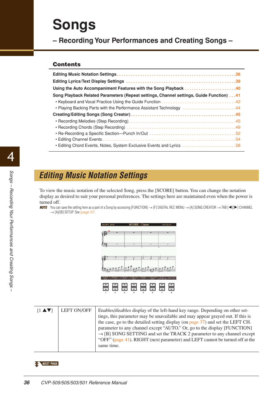 Editing music notation settings, Songs, Recording your performances and creating songs | Yamaha CLAVINOVA CVP-509 User Manual | Page 36 / 104