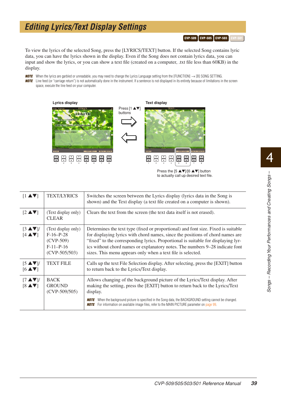 Editing lyrics/text display settings | Yamaha CLAVINOVA CVP-509 User Manual | Page 39 / 104