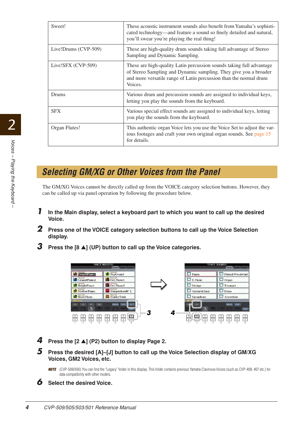 Selecting gm/xg or other voices from the panel | Yamaha CLAVINOVA CVP-509 User Manual | Page 4 / 104