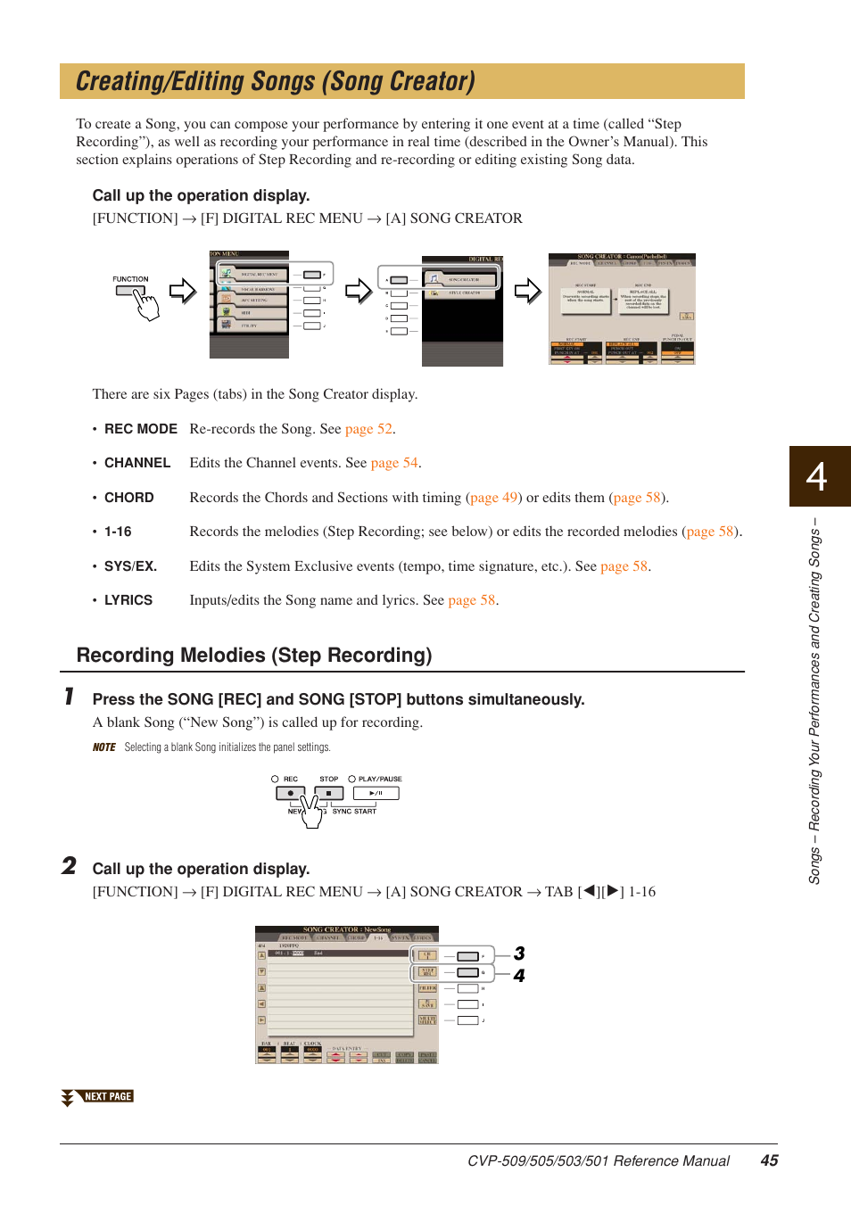 Creating/editing songs (song creator), With the e, Recording melodies (step recording) | Yamaha CLAVINOVA CVP-509 User Manual | Page 45 / 104
