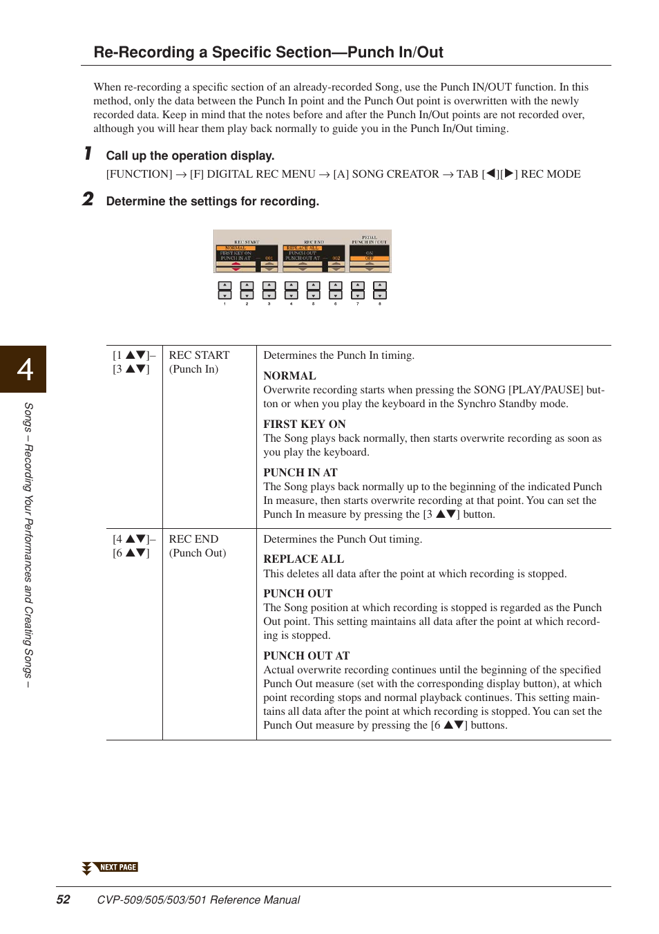 Re-recording a specific section—punch in/out, Re-records the song. see | Yamaha CLAVINOVA CVP-509 User Manual | Page 52 / 104